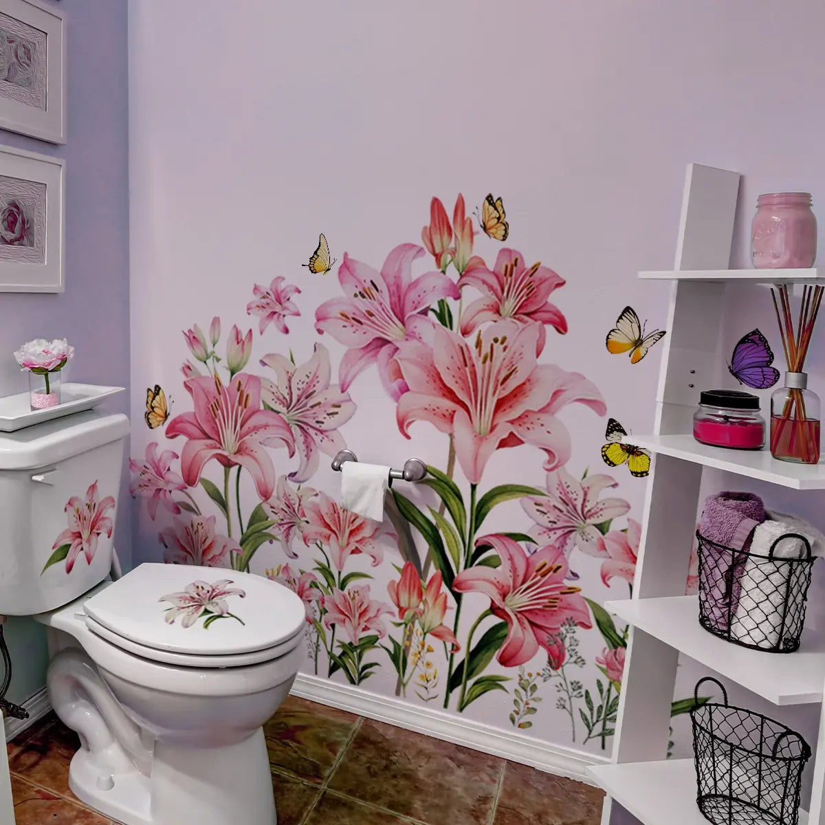 A pink lily spring wall sticker, Decorative Decal, Decorative Stickers, for bedroom and living room background wall home decoration, self-adhesive, MS7306-YC, Decoration Items