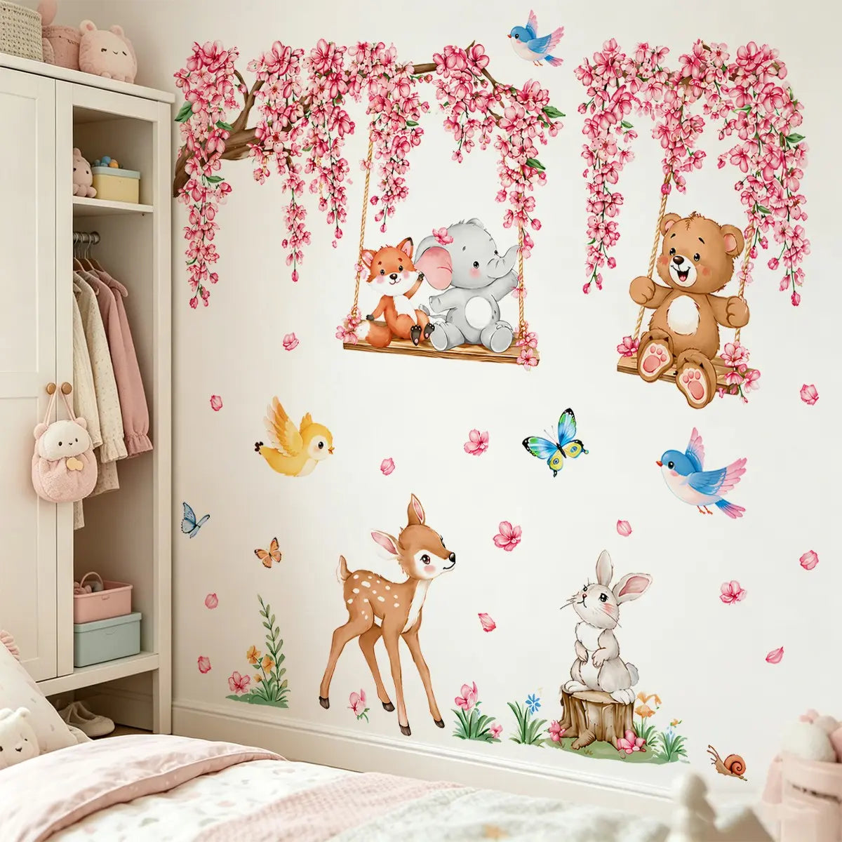 Pink Cherry Blossom Woodland Animal Wall Stickers, Removable No Residue Wall Decals for Girls Nursery, Baby Room & Playroom Wall Art, Decorative Wall Sticker, Wall Stickers Decorations
