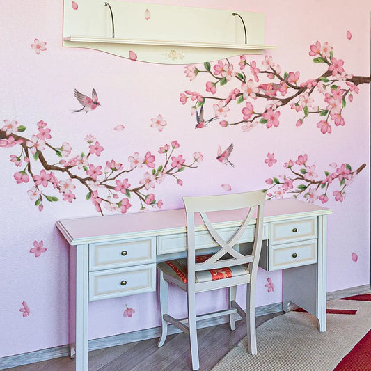 A set of two (30*90cm*2pcs) new creative pink flower, branch and bird spring wall stickers, suitable for bathroom and study room decoration items background wall stickers, Adhesive Stickers (M16085-YJ)