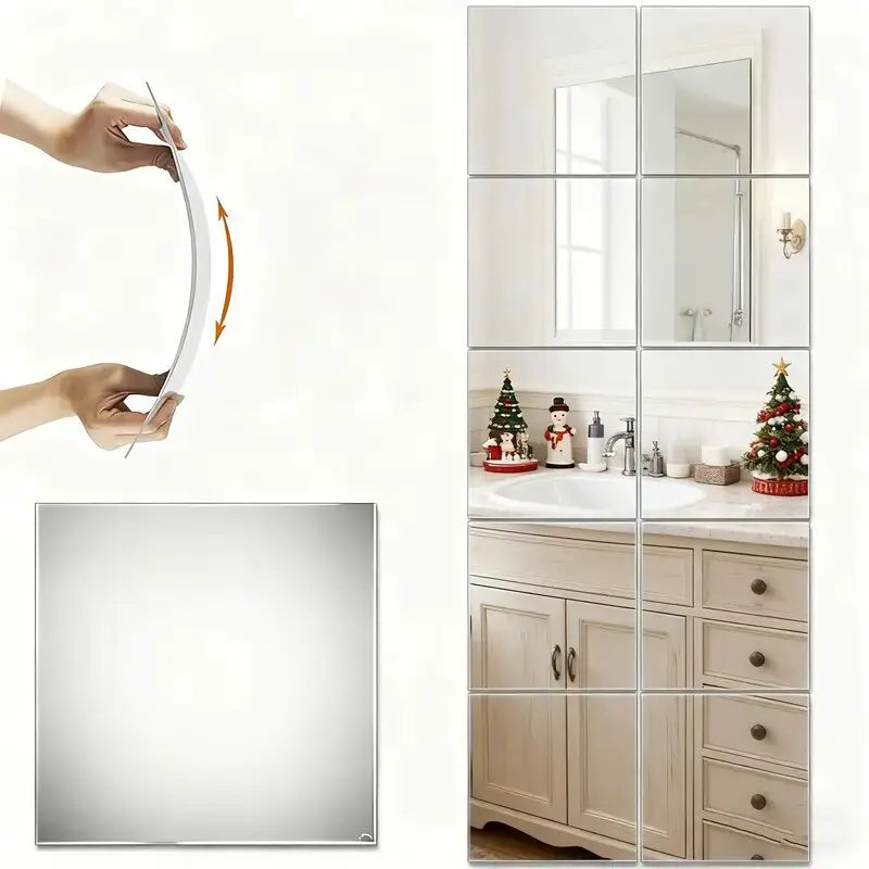 16pcs, Wall Stickers Decor, wall decor, Silver square mirror wall sticker, 20cm x 20cm detachable 3D stereoscopic acrylic wall sticker, DIY creative decorative sticker with adhesive backing, suitable for home & office decoration