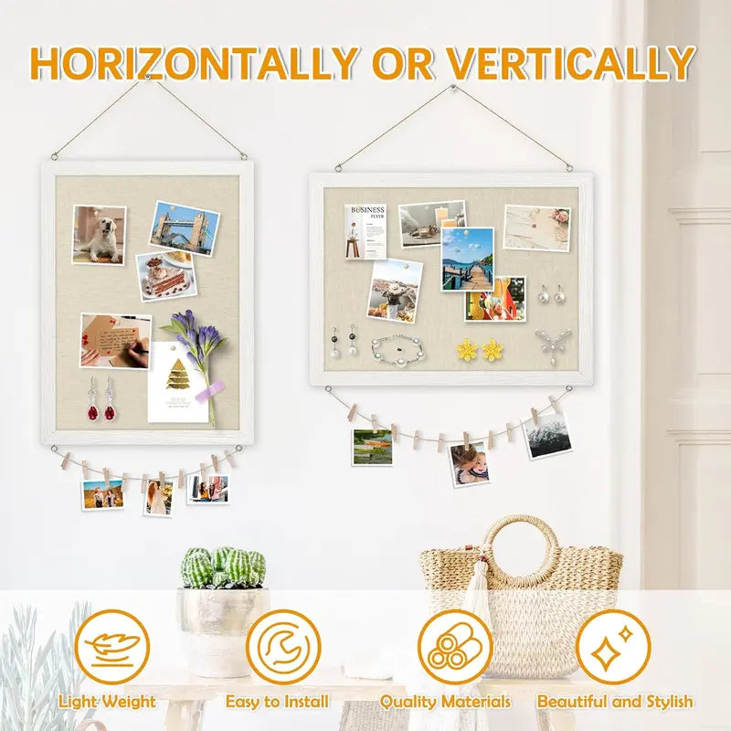 Wood Framed 16"x12" Wall Mounted Decorative Double-Sided Linen Cork Bulletin Board - 1-Pack Self-Repairing Pin Board with 10 Pushpins, Easy-Install Office Stationery for Home Decor, Office Use