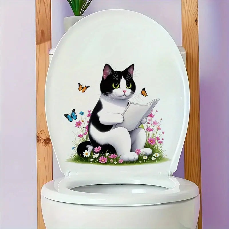 Cute Cat Reading Newspaper Toilet Sticker, Home Decor Stickers, Bathroom Decorative Wallpaper, Home Aesthetic Decoration, Spring Summer Essential