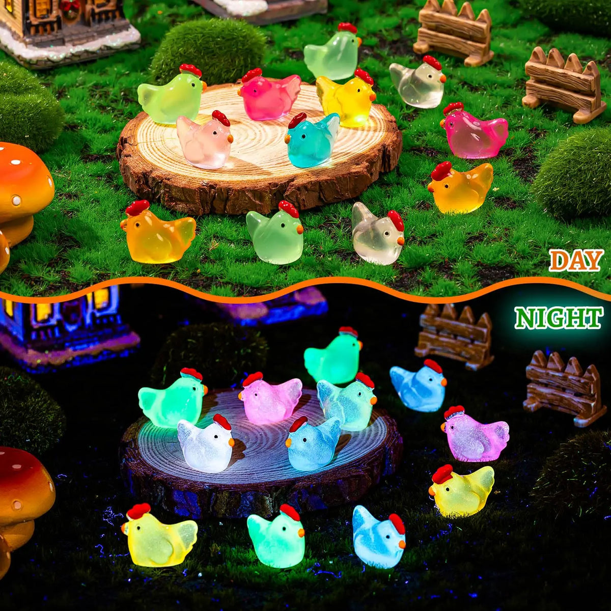 Luminous Mini Chicken Figurines, Cartoon Figurine, 20pcs/set Resin Miniature Animals, Resin Animals Variety Pack, Tiny Glow in The Dark Chickens for Dollhouse, Decoration Items, Resin Animal Sculptures