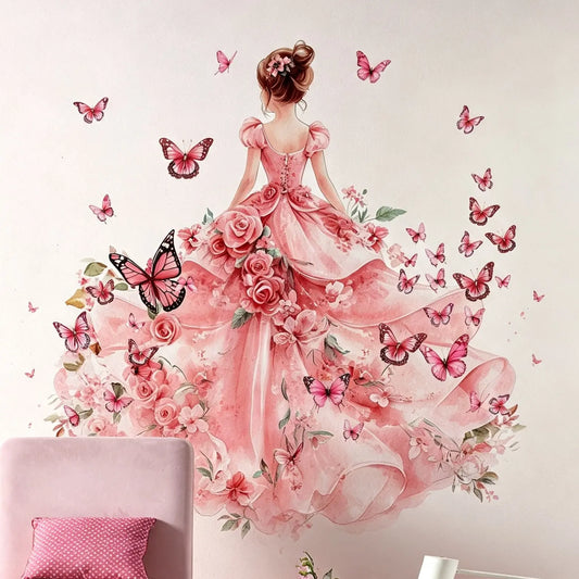 Contemporary Style Pink Floral and Butterfly Girl Wall Decals - Decorative Wall Sticker, Modern Wall Sticker, Flower Wall Stickers, Wall Art Stickers, Large Self-adhesive PVC Wall Stickers for Living Room Bedroom Sofa Backdrop, Detachable Irregular Shape