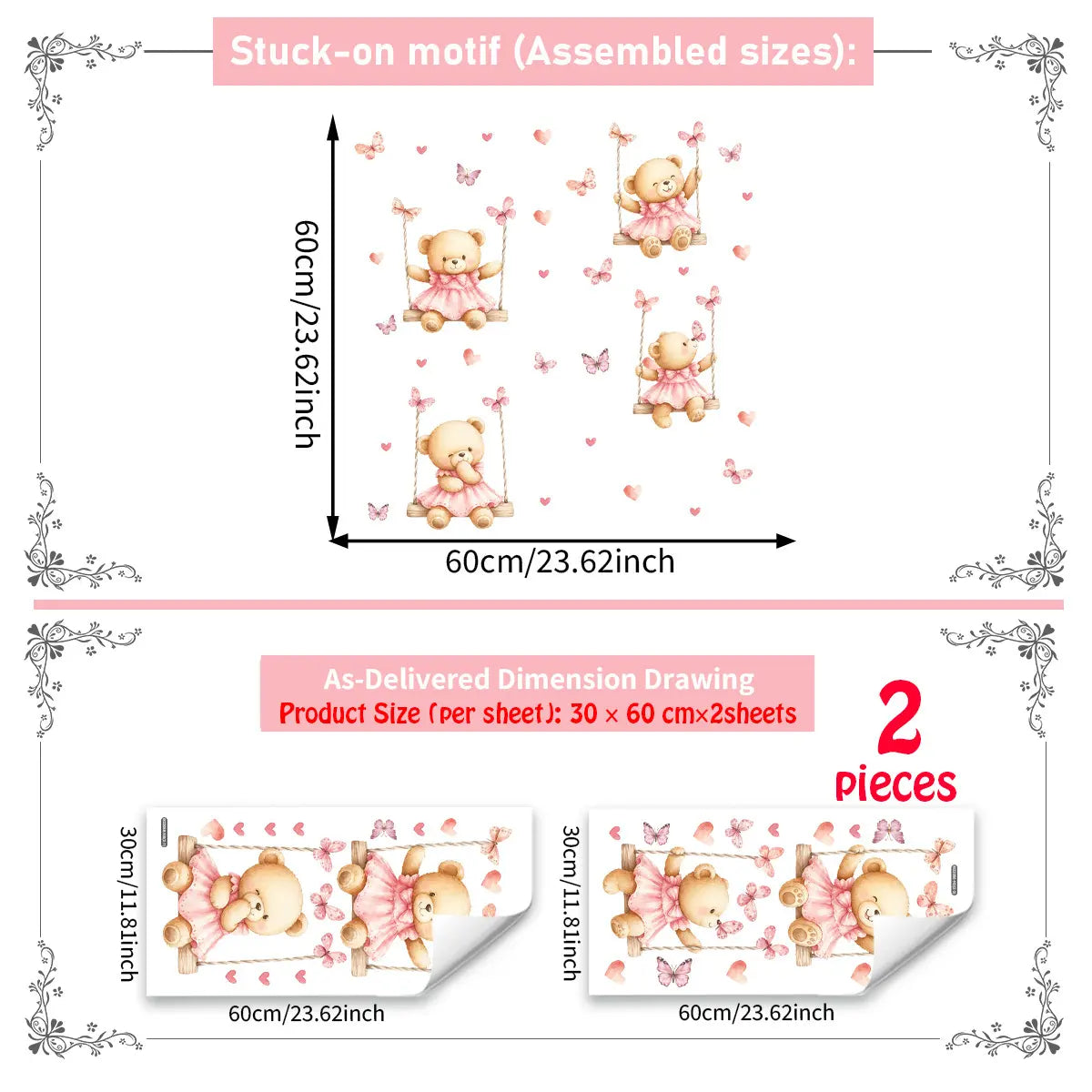 2Pcs Set (30*60cm) Cute Pink Teddy Bear Swing Self-adhesive Wall Stickers Wall Decal with Butterflies & Hearts, Decor for Girls & Kids Room, Decorative Sticker