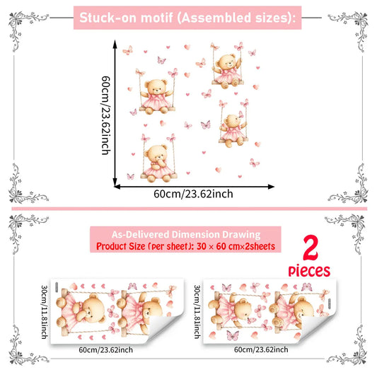 2Pcs Set (30*60cm) Cute Pink Teddy Bear Swing Self-adhesive Wall Stickers Wall Decal with Butterflies & Hearts, Decor for Girls & Kids Room, Decorative Sticker