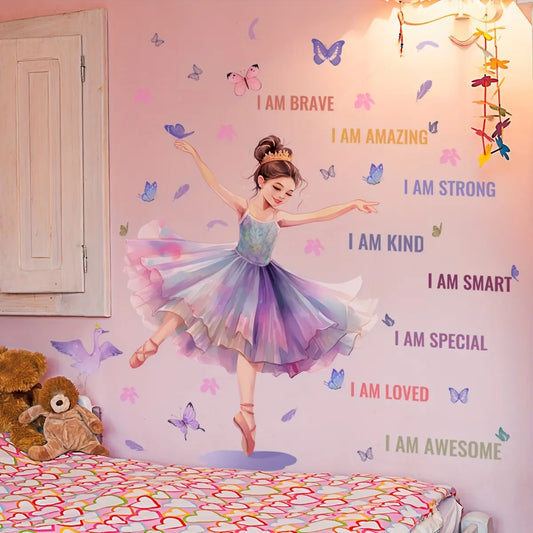 A cartoon ballerina English inspirational slogan butterfly Decorative wall sticker Wall Decal for bedroom, room, home decoration, Decoration Items, Bedroom Decorations, self-adhesive wall sticker, Self Adhesive Stickers