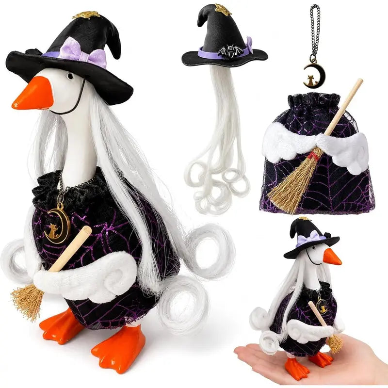 7" Miniature Desk Goose Halloween Witch Outfit Set - Purple Witch Theme Fabric Accessory, Unisex 7" Mini Goose Fit Decor for Office Black Punks Desktop Use