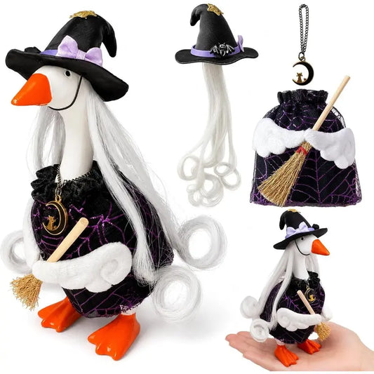 7" Miniature Desk Goose Halloween Witch Outfit Set - Purple Witch Theme Fabric Accessory, Unisex 7" Mini Goose Fit Decor for Office Black Punks Desktop Use