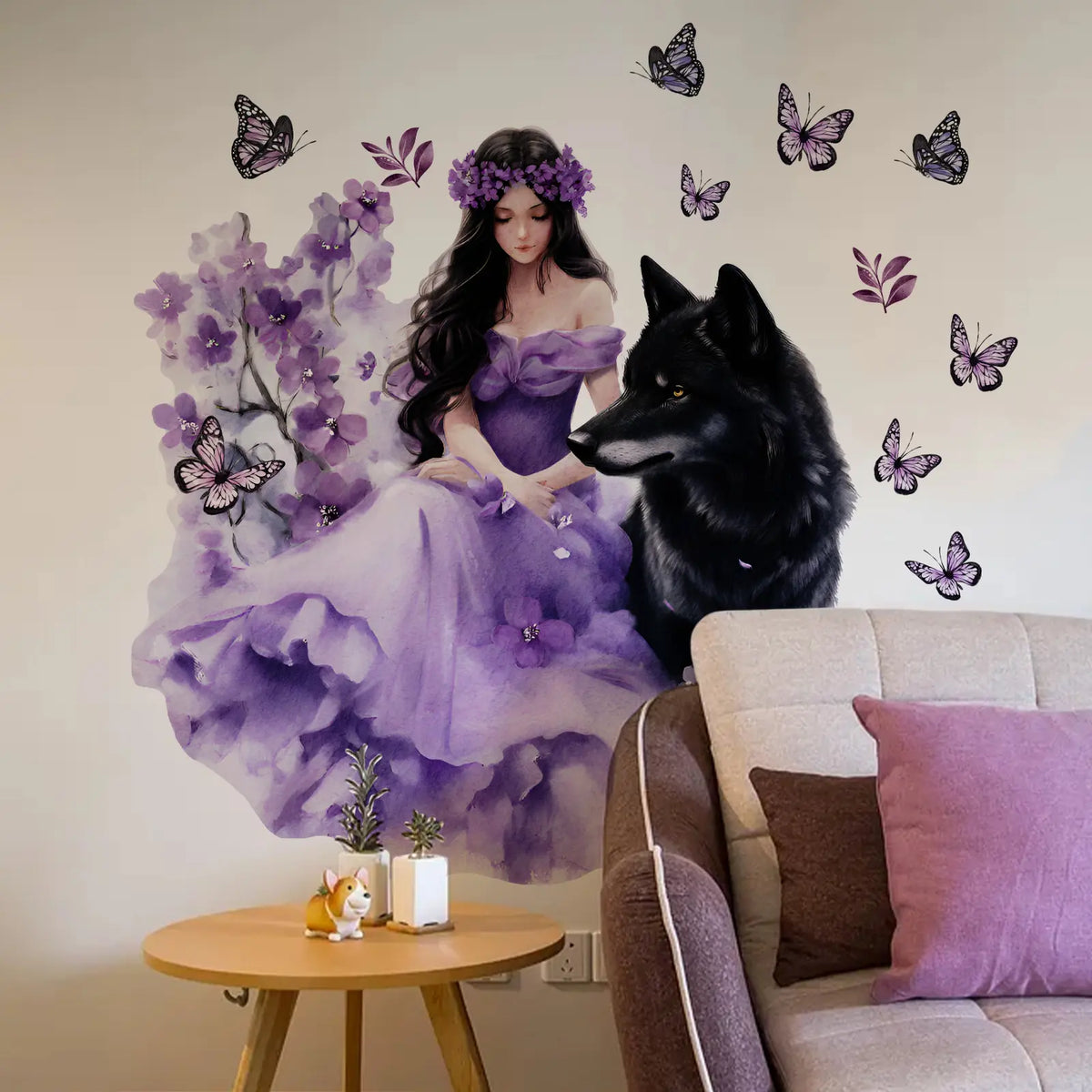 A set (30*60cm*2pcs) of "Purple Skirt and Black Wolf" 2D flat wall stickers, Wall Decals, home decoration self-adhesive wall stickers, Decorative Sticker, Wall Art Stickers, Wall Decorations, M16637-KX