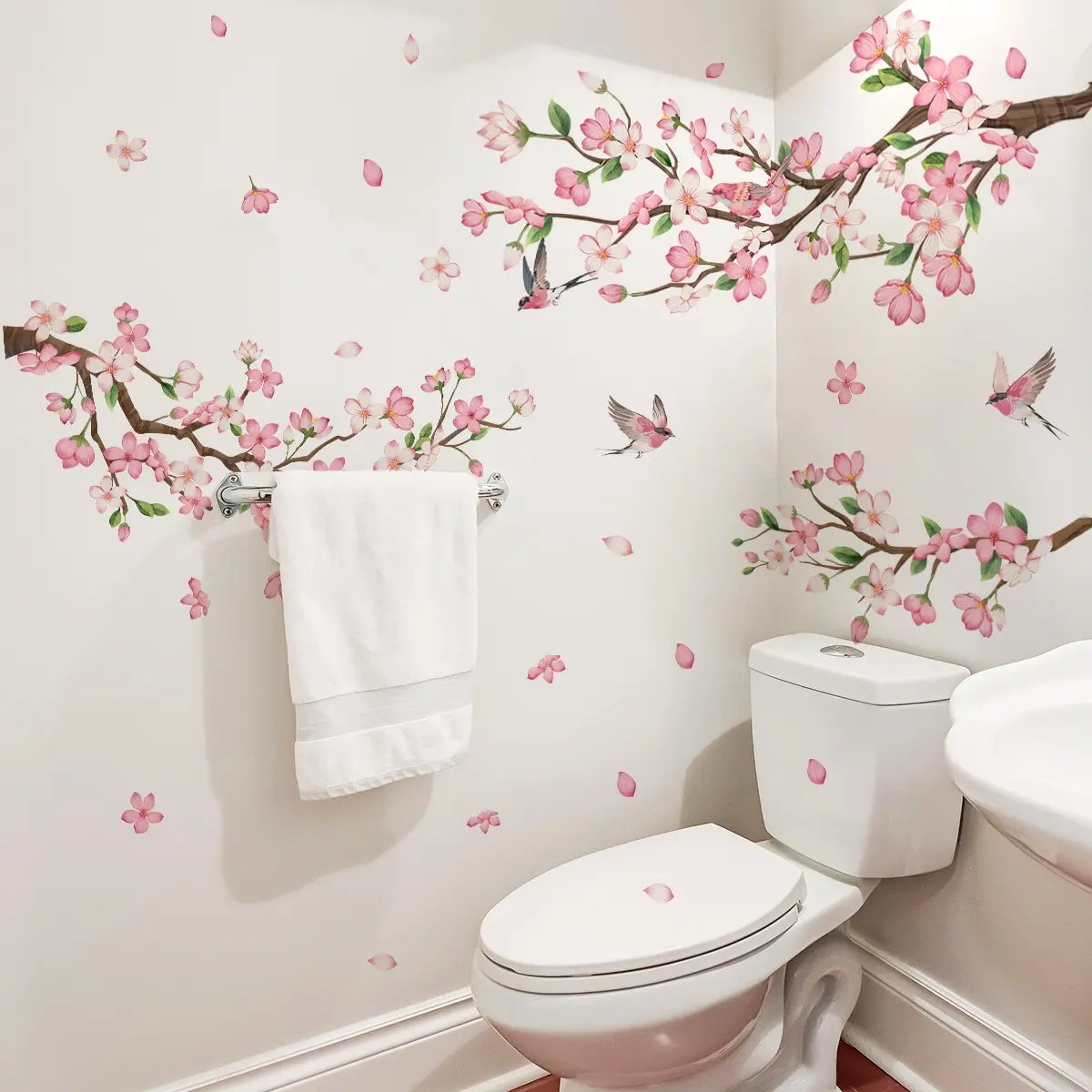 A set of two (30*90cm*2pcs) new creative pink flower, branch and bird spring wall stickers, suitable for bathroom and study room decoration items background wall stickers, Adhesive Stickers (M16085-YJ)