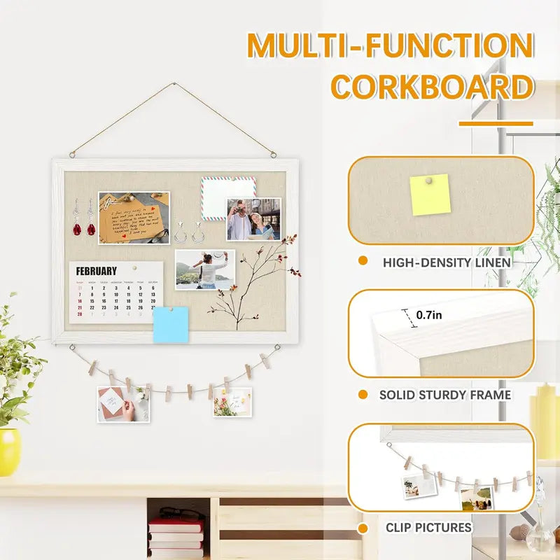 Wood Framed 16"x12" Wall Mounted Decorative Double-Sided Linen Cork Bulletin Board - 1-Pack Self-Repairing Pin Board with 10 Pushpins, Easy-Install Office Stationery for Home Decor, Office Use