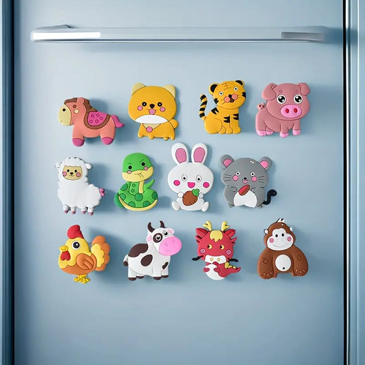 Cute Animal Refrigerator Magnets Set, 12pcs Magnetic Fridge Magnets for Kids, Rabbit Pig Tiger Cow Design, Perfect for Whiteboard & Shelf Use, Home Decor, Toddler Fridge Magnets