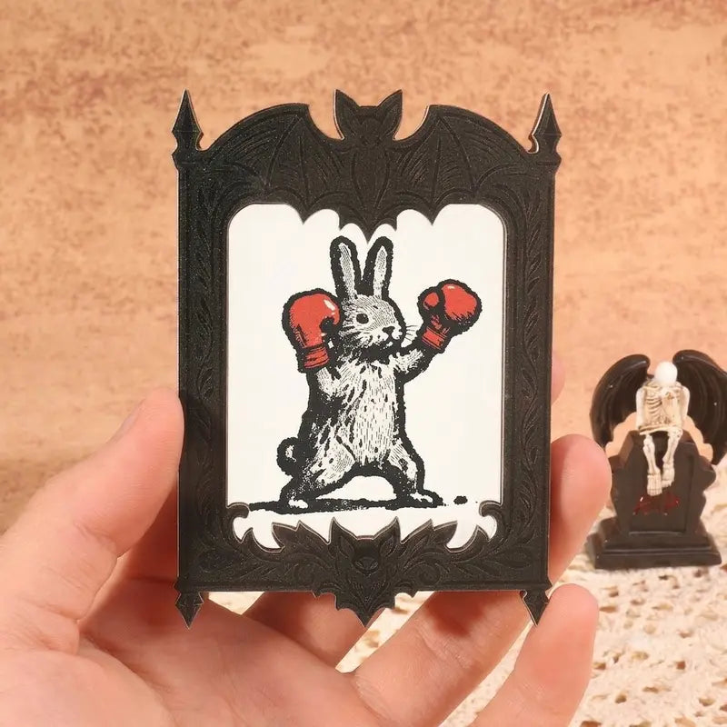 3.6 inches Palm Size Gothic Bat Wing Vampire Iron Antique Rectangle Magnetic Mini Framed Art Fridge Magnet - Full Magnet, Secure, Decor, Playful Fantasy Characters, Quirky Gift for Bestie, Boxing Bunny Kitchen Accent