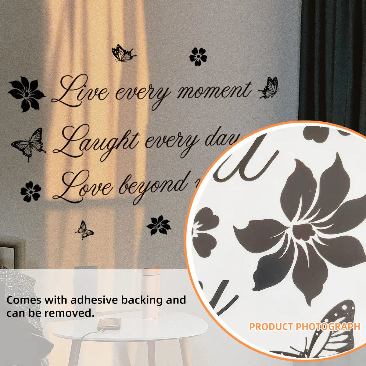 (30*60cm) black English slogan butterfly and flower Decorative wall sticker for beautifying home, living room, entrance, corridor, bedroom decoration background wall. Self-adhesive, Floral Pattern Sticker, MS8729