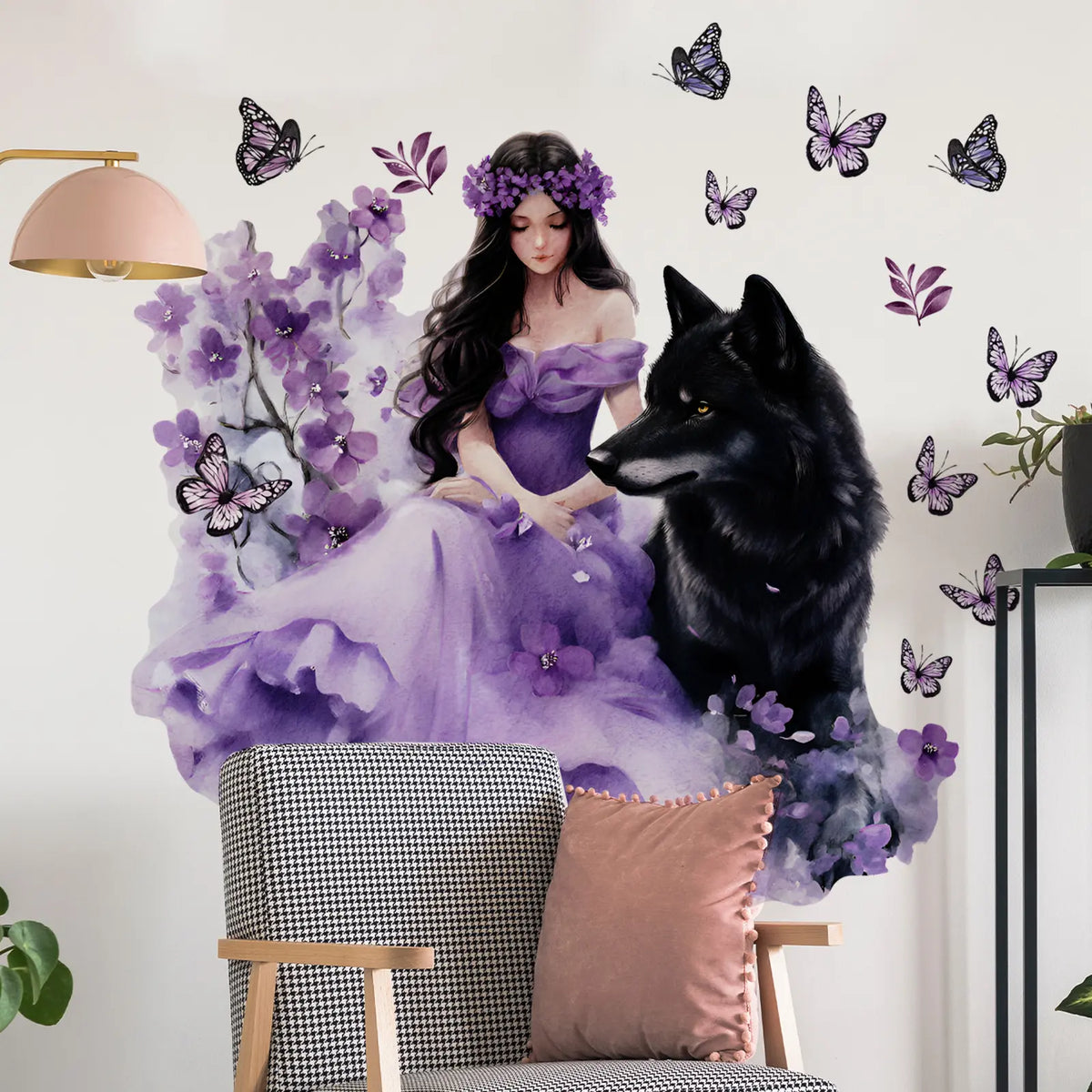 A set (30*60cm*2pcs) of "Purple Skirt and Black Wolf" 2D flat wall stickers, Wall Decals, home decoration self-adhesive wall stickers, Decorative Sticker, Wall Art Stickers, Wall Decorations, M16637-KX
