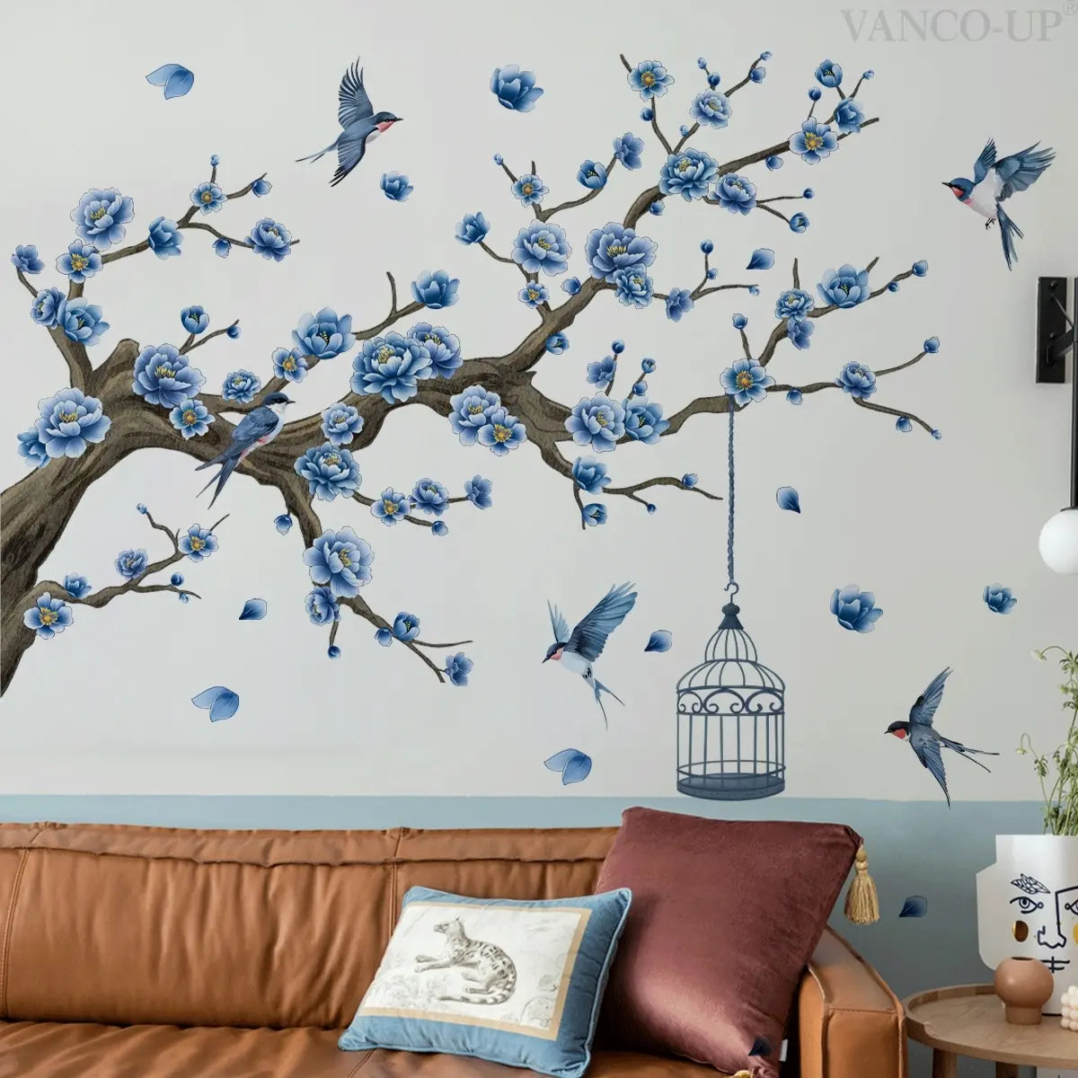 A set of two (30*90cm*2pcs) blue flower, branch and birdcage wall stickers, Decorative Wall Stickers, Wall Stickers Decorations, home decor for living room and bedroom (M15054-YC)