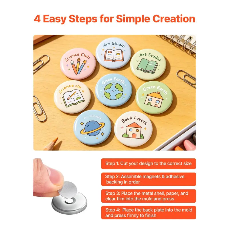 VEVOR 50-Set Round Refrigerator Magnet Button Maker Supplies - 0.98in/25mm, Magnetic Backs, Metal Shells, Transparent Mylar Films, Blank Circle Papers for Home DIY, Room Decor