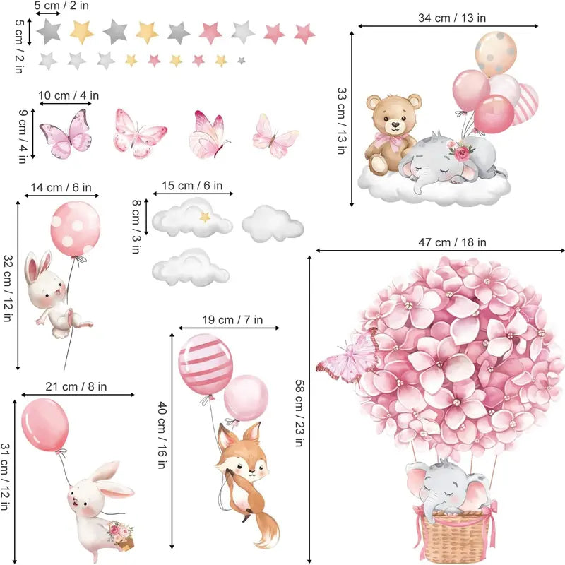 Animals Hot Air Balloon Wall Decals Flowers Balloons