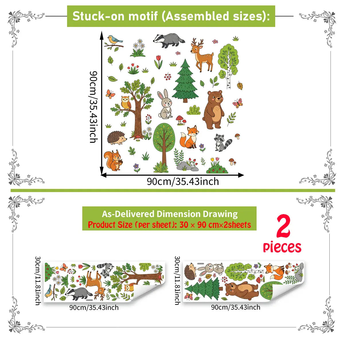 2Pcs Set (3090cm2pcs) Cute Forest Animal Wall Stickers, Decorative Sticker, Forest Friends Self-adhesive Decals for Boys & Girls Bedroom Decor, Interior Stickers