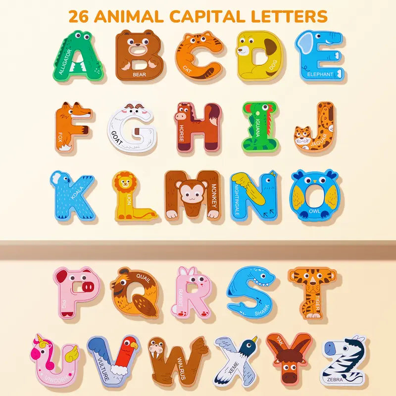 JoyCat Thick Wooden Large Round Animal & Fruit Shaped Magnetic Item Set, Refrigerator Decor with 26 Uppercase ABC Letters, 0-9 Numbers, Full Magnet Back, Room Decor, Storage Box, Educational Language Toy summerwins