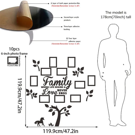 Family Tree Wall Sticker Acrylic 3D DIY Mirror Sticker 10 Sheets 6-inch Photos Photo Frame Removable Wall Art Decal Home Decoration Suitable for Living Room Bedroom Kitchen Dining Room Office, Decorative Ornaments girl room accessories kitchen decor
