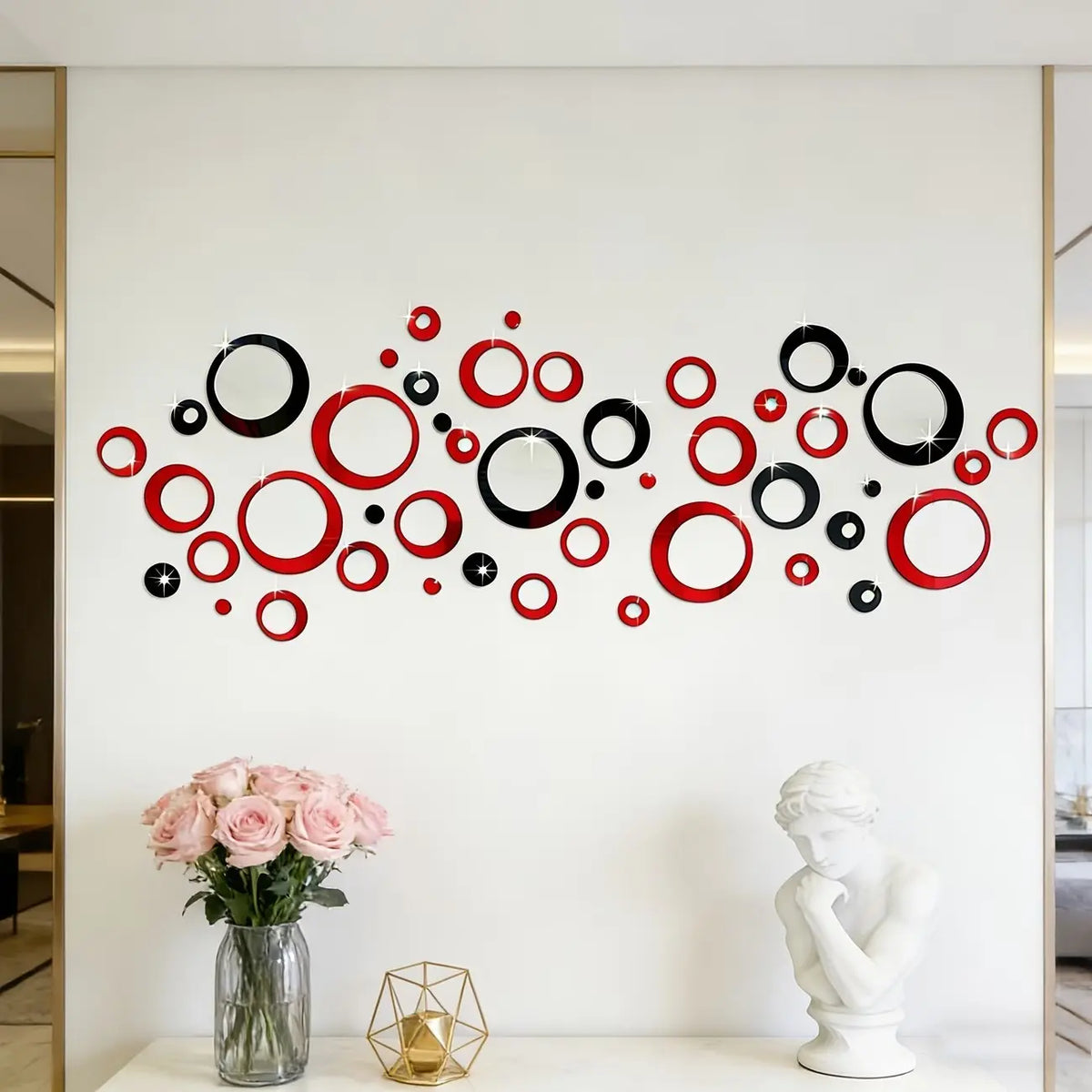 72pcs red and black hollow circular acrylic mirror wall stickers, Round Design Decorative sticker, suitable for home decoration (living room, bathroom, bedroom, lintel), DIY detachable wall stickers, Reflective