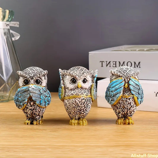 3pcs Compact Owl Figurines - Don't Listen, Don't Speak, Don't Look Resin Ornaments, Bobbleheads & Statues, Cute Owls Room Decorations for Living Room Desktop, Bedroom Home Supplies Gifts