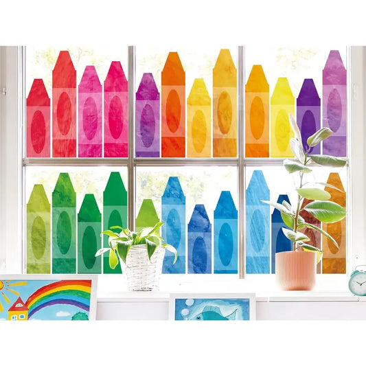 9 Sheets Back to School Crayon Window Clings Watercolor Double-Sided Window Stickers Colorful Crayon Windows Decals for Classroom Home Glass Blackboard Decor