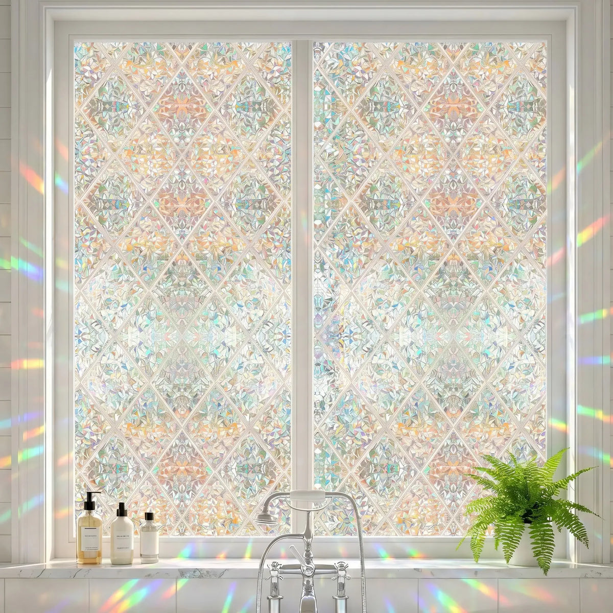 44.5cm Wide Glue-Free Static Rainbow Laser Window Film, Rhombus Mosaic Anti-Peep Privacy Glass Film, Light-Transmitting Non-See-Through Decal, Window Cling for Bedroom Kitchen Glass Doors, Removable Window Decal, Window Decals for Glass Windows