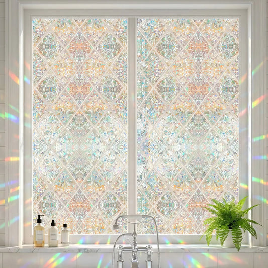 44.5cm Wide Glue-Free Static Rainbow Laser Window Film, Rhombus Mosaic Anti-Peep Privacy Glass Film, Light-Transmitting Non-See-Through Decal, Window Cling for Bedroom Kitchen Glass Doors, Removable Window Decal, Window Decals for Glass Windows