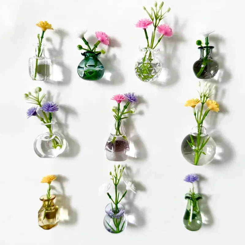 10pcs Magnetic Compact Metal Cute Mini Glass Vase Set - Customizable, Durable Glass for Daily Use, Magnetic Hold Plus Vase Function, Refrigerator Decor, Home Office Gift Accessories