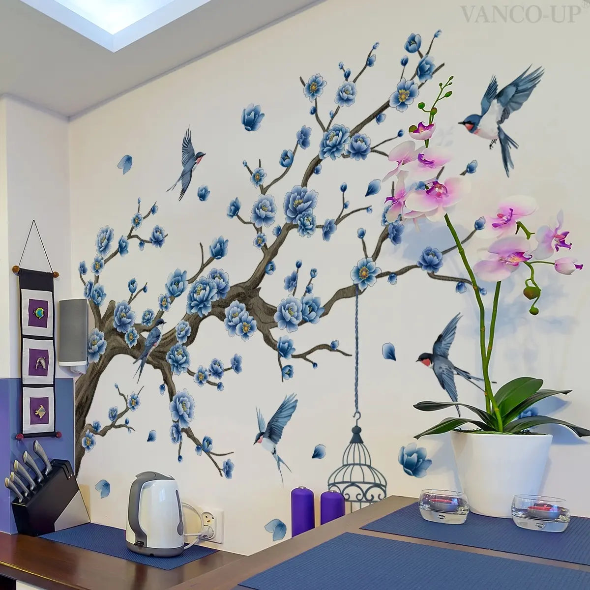 A set of two (30*90cm*2pcs) blue flower, branch and birdcage wall stickers, Decorative Wall Stickers, Wall Stickers Decorations, home decor for living room and bedroom (M15054-YC)