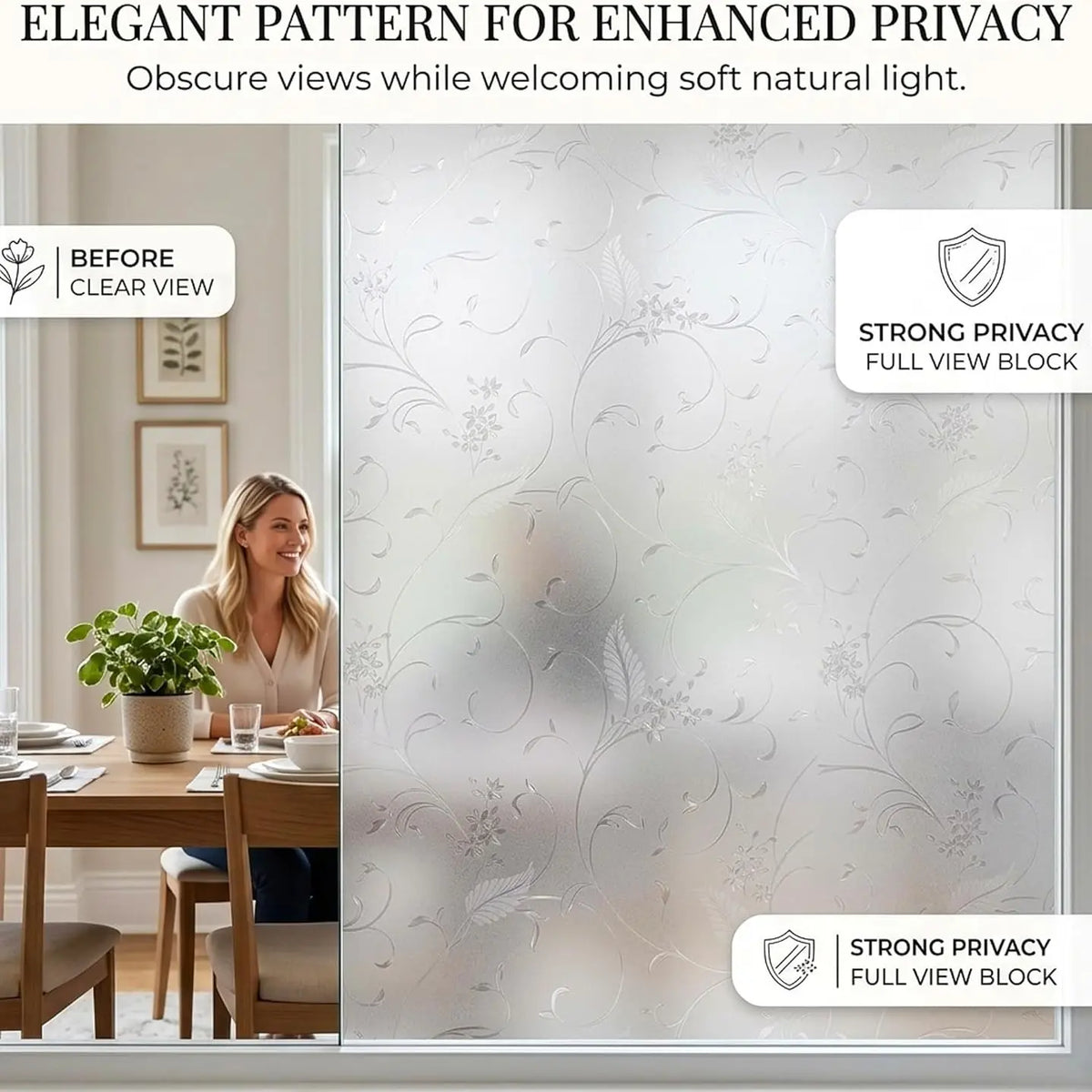 Privacy Window Film, Frosted Window Film, Etched Pattern Matte Finish Static Adhesive Decorative Glass Door Film, Non-Sticky Heat Insulation UV Protection, Versatile Use, Office & Home Decor