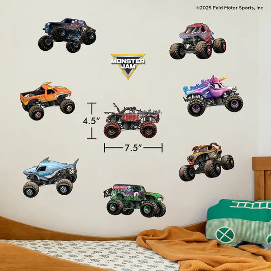 Monster Jam Assorted Trucks Wall Decals Set with 8 High-Energy Trucks Grave Digger Son-Uva Digger El Toro Loco Megalodon Zombie ThunderROARus Sparkle Smash Monster Mutt for Kids Bedroom Playroom Decor
