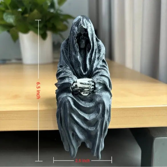 Seated Ghost With Tea Cup- 3D Printed Gothic Decoration, Skeleton Holding Cup, Halloween Horror Decor, Black Resin Figurine