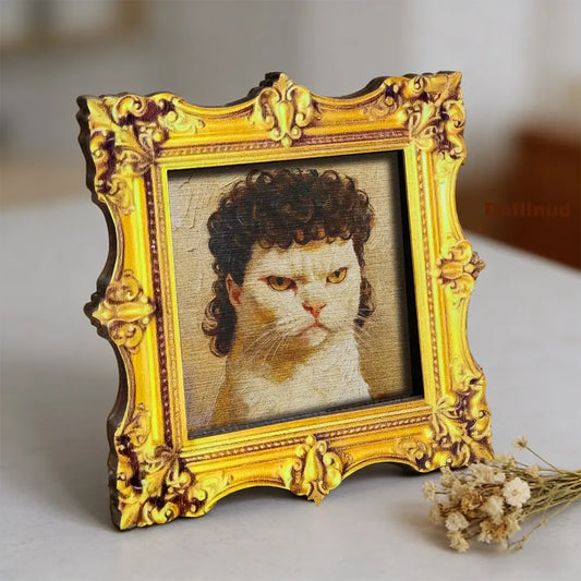 1Pc Wooden Framed Cat Fridge Magnet, Square Wood Frame with Realistic Oil Painting, Curly Haired Serious Cat Decor, Refrigerator Door Ornament, Holiday Gift for Cat Lovers, Refrigerator Magnets