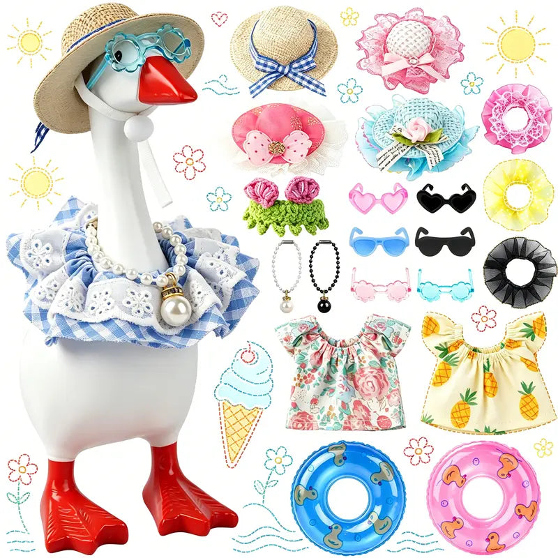 Desk Goose 22PCS 7in Polyester Outfits Set - Cute Short Switchable Dress-Up Accessories for Office Desk Figurine Decor: Hats, Sunglasses, Swim Rings, Bikini for Gifting & Special Occasions