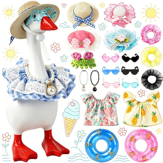 Desk Goose 22PCS 7in Polyester Outfits Set - Cute Short Switchable Dress-Up Accessories for Office Desk Figurine Decor: Hats, Sunglasses, Swim Rings, Bikini for Gifting & Special Occasions