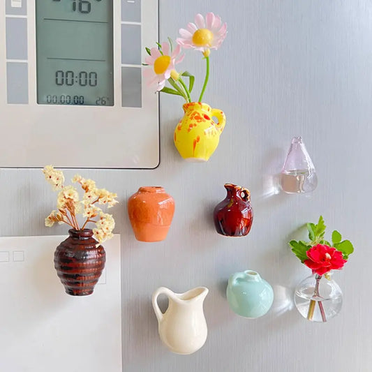 8PCS Cute Mini Ceramic Bud Vase Fridge Magnet Set - Waterproof 3D Magnetic Bottle Vases, Refrigerator Decorating Magnets for Plant Display, Ideal Home Gift