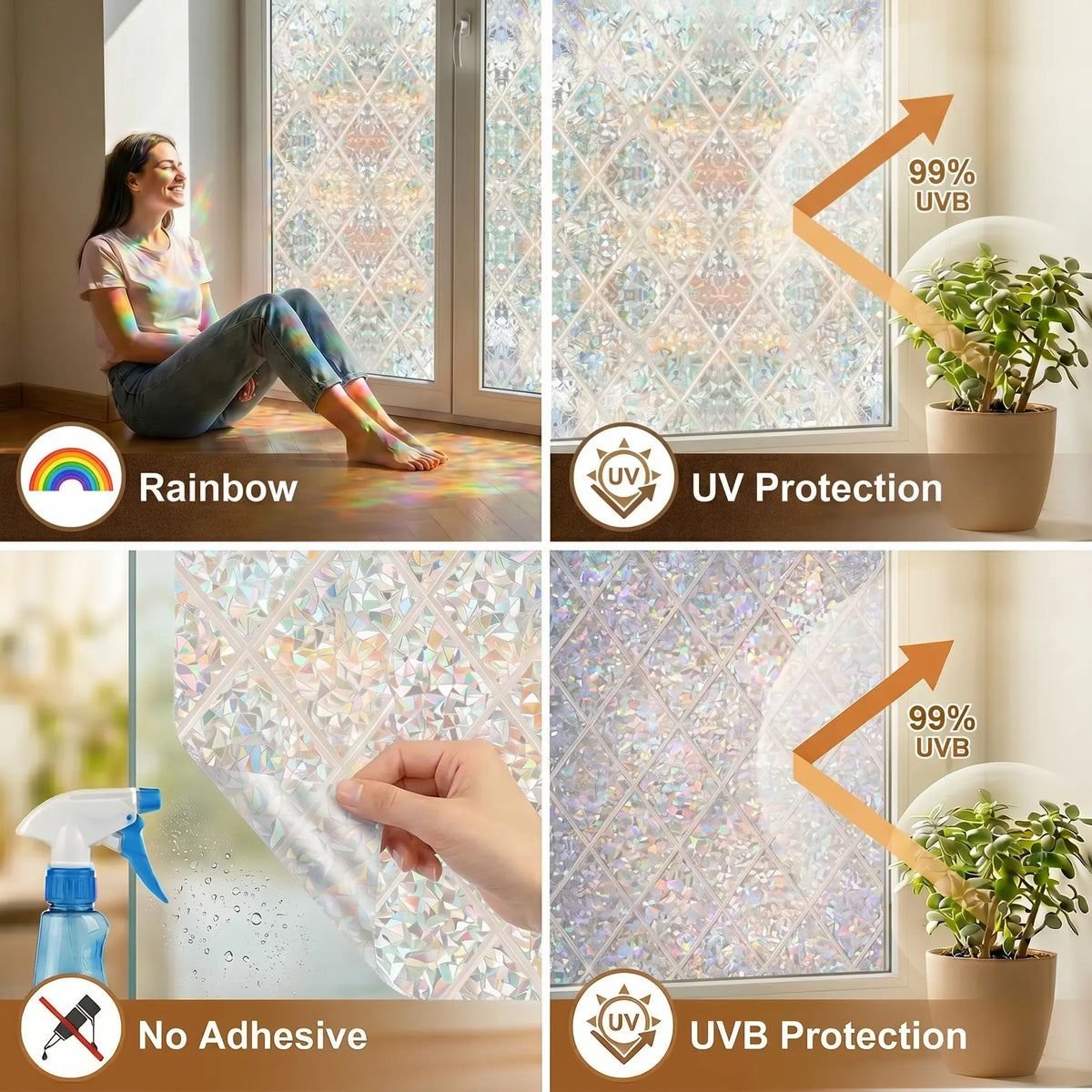 44.5cm Wide Glue-Free Static Rainbow Laser Window Film, Rhombus Mosaic Anti-Peep Privacy Glass Film, Light-Transmitting Non-See-Through Decal, Window Cling for Bedroom Kitchen Glass Doors, Removable Window Decal, Window Decals for Glass Windows