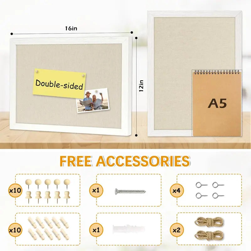 Wood Framed 16"x12" Wall Mounted Decorative Double-Sided Linen Cork Bulletin Board - 1-Pack Self-Repairing Pin Board with 10 Pushpins, Easy-Install Office Stationery for Home Decor, Office Use
