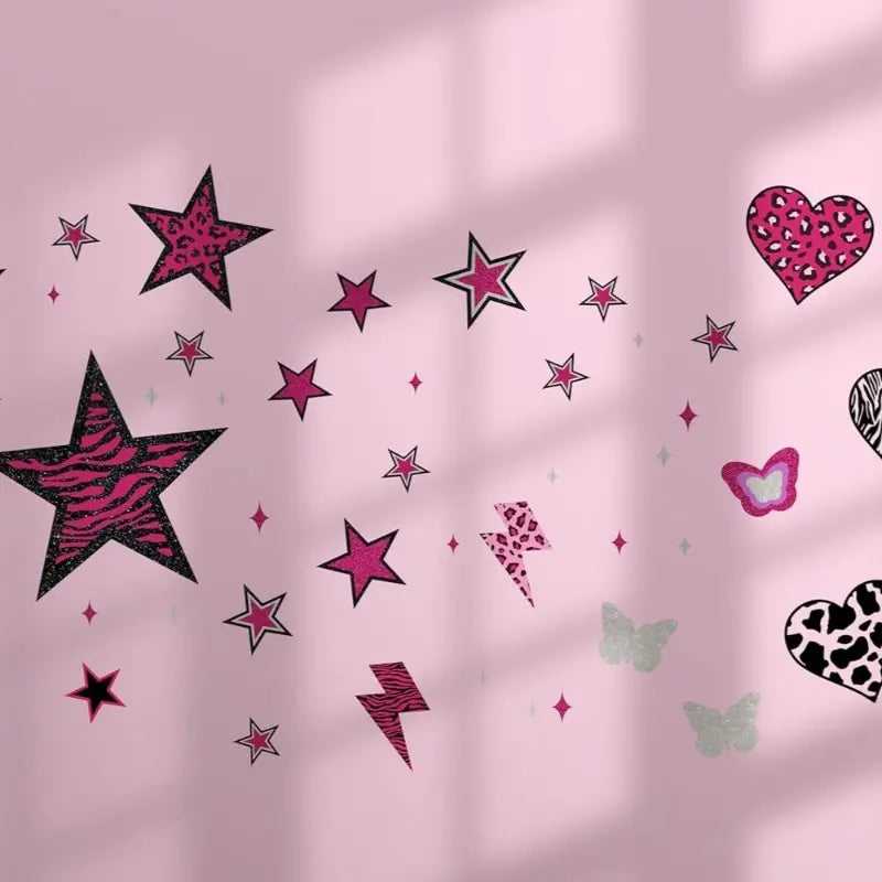 1 set of 4pcs pink Star Love Lightning Wall Stickers: Star Love with leopard print, zebra print and other elements, paired with lightning design, adds lively and cool feeling to the bedroom, vinyl removable home decoration stickers Wall Decals