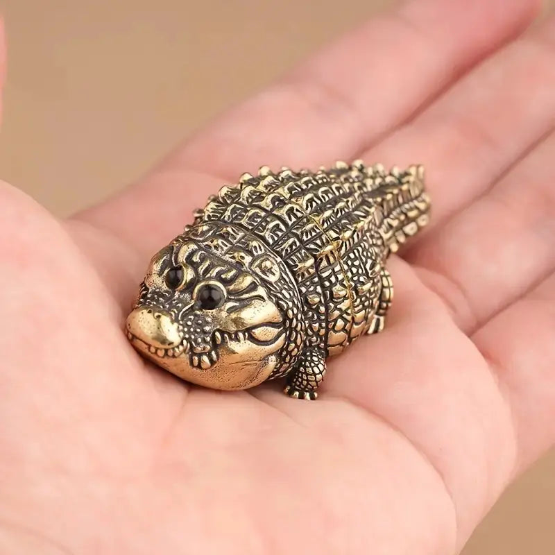 Cute Fat Copper Alligator Sculpted Statue, Decorative Resin Figurine for Desktop, Bookshelf, Living Room or Office Home Decor, Decorative Statues
