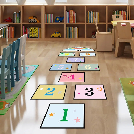 Multicolor Grid Decorative Floor Stickers for Room Decoration, Interior Stickers, Digital Brain Game Art Tile Decals, Cartoon Hopscotch Ideal for Puzzle Party and Kindergarten, Adhesive Decals