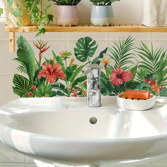 Tropical Floral Bathroom Stickers, Decoration Sticker, Lush Plant Tile Decals, Self-Adhesive Removable Decor, Vibrant Wall Art for Bathroom Walls, Decorative Sticker