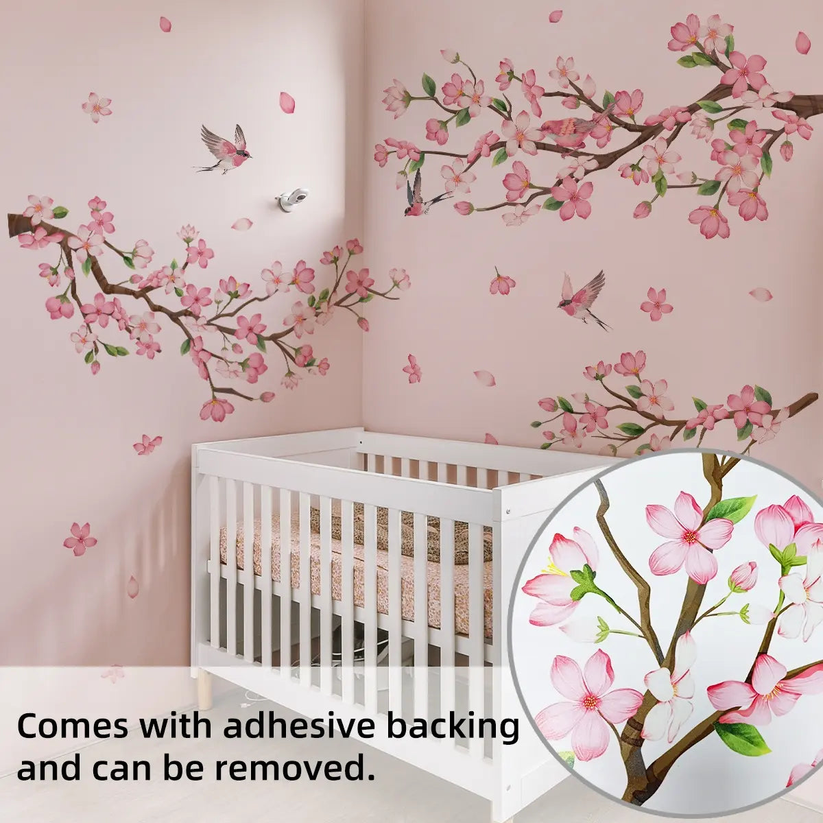 A set of two (30*90cm*2pcs) new creative pink flower, branch and bird spring wall stickers, suitable for bathroom and study room decoration items background wall stickers, Adhesive Stickers (M16085-YJ)