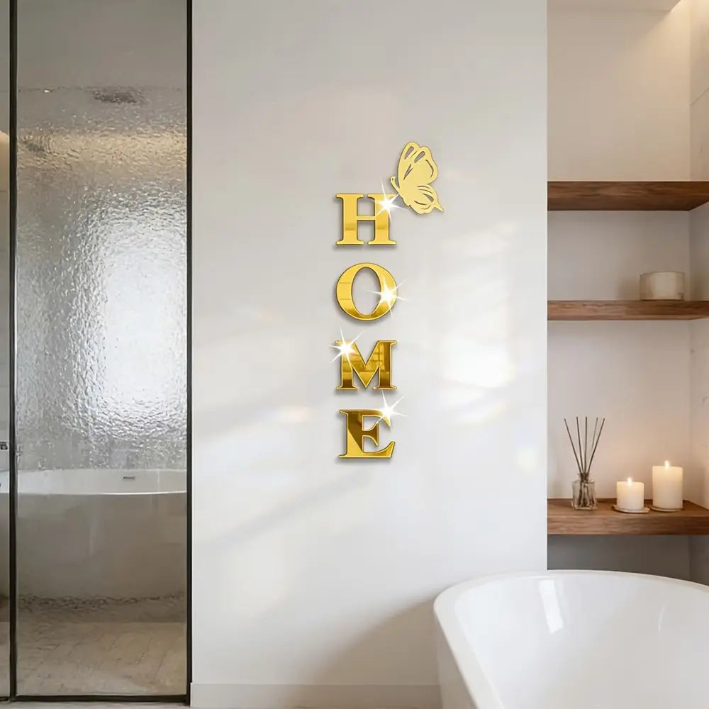 5PC, Golden HOME with butterfly acrylic mirror wall sticker, Acrylic Material, Ornaments, Versatile Placement, suitable for home decoration, living room, bathroom, bedroom, DIY detachable wall sticker, Wall Art Stickers, Wall Decal, Decoration Items