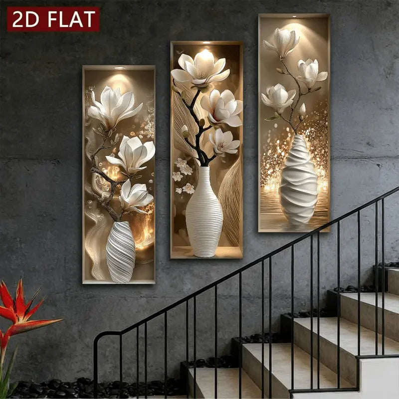 3pcs Realistic Magnolia Flower Wall Stickers, Floral Wall Decals, Wall Art Stickers, Home Decor, Modern Style Waterproof Self-Adhesive Decorative Wallpaper, Easy Peel & Stick for Living Room Bedroom