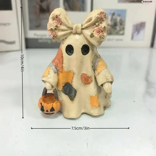 Vintage Patchwork Fabric Ghost Decoration - Cute Nostalgic Halloween Statue with Floral Bow, Mini Pumpkin Holder for Desk, Indoor Room Decor, Spooky Aesthetic Fall Display, Art Figurine Collectible